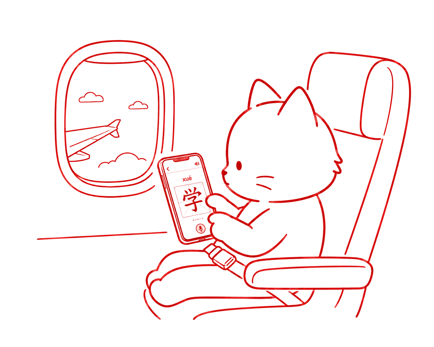 Cat practicing 听写 on a phone during a flight