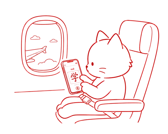 Cat practicing 听写 on a phone during a flight